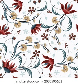 Elegant template for fashion prints. Stylish red and beige wildflowers with foliage pattern on a white background. Repeating design for wallpaper, packaging, cover, textile, print