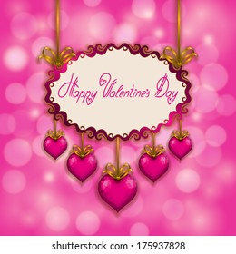 Elegant template frame design for luxury invitation, card with polygonal hearts, ribbons, frame. Valentine's day vector bokeh background. Vector illustration EPS 10.