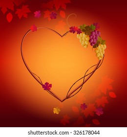 Elegant template with frame in form of heart for invitations, wine menu and card. On top of frame is grapes and leaves. On the background is autumn leaves.