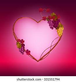 Elegant template with frame in form of heart for invitations to wedding and Save the Date. On top and left side of heart is grapes and leaves. It can be used for wine menu.
