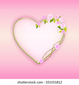 Elegant template with frame in form of heart for invitations to wedding and Save the Date. On top and right side of heart is flowers.