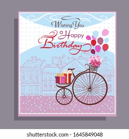 Elegant template Happy Birthday card with flowers on bicycle.