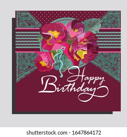 Elegant template Happy birthday card with violet flowers on the crimson background.