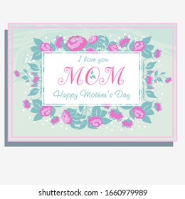 Elegant Template Happy Mother's Day Card For Women Or Mather Day With Roses On The Olive Color Background.