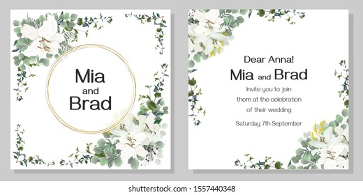 Elegant template for invitation. Floral design, white lilies, mimosa, green leaves, ivy. Postcard for your text.