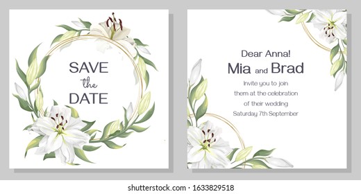 Elegant template for invitation in floral design. Gold round frame, white lilies, buds, green leaves.