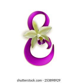 Elegant template for invitation, greeting, gift card, postcard with silk ribbon, orchid, place for text. Festive background for International woman's day. Vector illustration EPS 10.