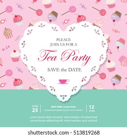 Elegant template with lacy cutout heart. Tea party invitation. Can be used for wedding invitation, Save the Date, Birthday card, Baby Shower, bakery design. Seamless pattern with sweets included.