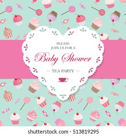 Elegant template with lacy cutout heart. Tea party invitation. Can be used for wedding invitation, Save the Date, Birthday card, Baby Shower, bakery design. Seamless pattern with sweets included.