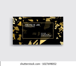 Elegant Template Luxury Business Card with Gold pieces Place for Text. Particles Background. Vector illustration