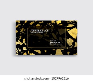 Elegant Template Luxury Business Card with Gold pieces Place for Text. Particles Background. Vector illustration