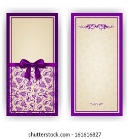 Elegant template luxury invitation, card with lace ornament, bow, place for text. Floral elements, ornate background. Vector illustration EPS 10.