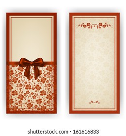 Elegant template luxury invitation, card with lace ornament, bow, place for text. Floral elements, ornate background. Vector illustration EPS 10.