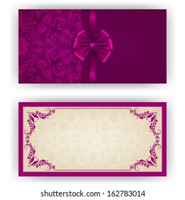 Elegant template luxury invitation, card with lace ornament, bow, place for text. Floral elements, ornate background. Vector illustration EPS 10.