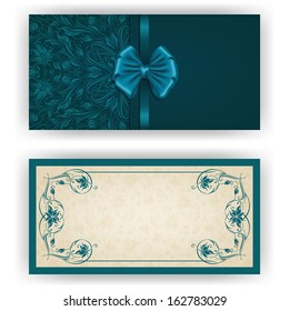 Elegant template luxury invitation, card with lace ornament, bow, place for text. Floral elements, ornate background. Vector illustration EPS 10.