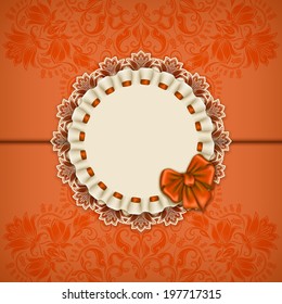 Elegant template luxury invitation, gift card with lace ornament, ribbon & place for text. Floral elements & ornate background. Vector illustration EPS 10