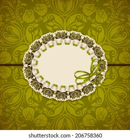 Elegant template luxury invitation, gift card with lace ornament, ribbon & place for text. Floral elements & ornate background. Vector illustration EPS 10