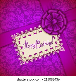 Elegant template luxury invitation, gift card with lace ornament, ribbon & place for text. Floral elements & ornate background Vector illustration EPS 10
