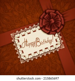 Elegant template luxury invitation, gift card with lace ornament, ribbon, silk bow, place for text. Floral elements, ornate background. Vector illustration EPS 10.