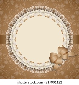 Elegant template luxury invitation, gift card with lace ornament, ribbon, silk bow, place for text. Floral elements, ornate background. Vector illustration EPS 10.
