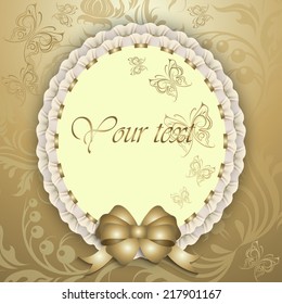Elegant template luxury invitation, gift card with lace ornament, ribbon, silk bow, place for text. Floral elements, ornate background. Vector illustration EPS 10.