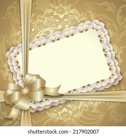 Elegant template luxury invitation, gift card with lace ornament, ribbon, silk bow, place for text. Floral elements, ornate background. Vector illustration EPS 10.