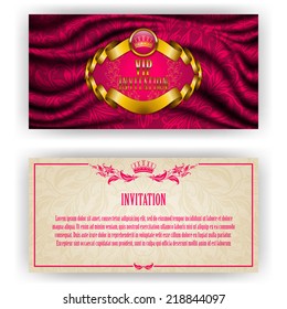 Elegant template for luxury invitation, gift card with lace ornament, crown, ribbon, laurel wreath, drapery fabric, place for text. Floral elements, ornate background. Vector illustration EPS 10.