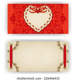 Elegant template of luxury invitation, gift, greeting card with ruffles, lace ornament, ribbon, bow, place for text. Floral elements, ornate background. Valentine's day vector illustration EPS10.