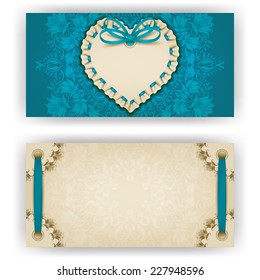 Elegant template of luxury invitation, gift, greeting card with ruffles, lace ornament, ribbon, bow, place for text. Floral elements, ornate background. Valentine's day vector illustration EPS 10.