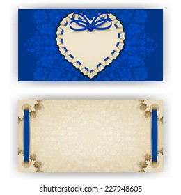 Elegant template of luxury invitation, gift, greeting card with ruffles, lace ornament, ribbon, bow, place for text. Floral elements, ornate background. Valentine's day vector illustration EPS 10.