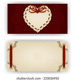 Elegant template of luxury invitation, gift, greeting card with ruffles, lace ornament, ribbon, bow, place for text. Floral elements, ornate background. Valentine's day vector illustration EPS 10.