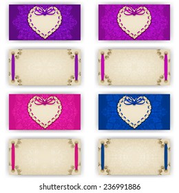 Elegant template of luxury invitation, gift, greeting card with ruffles, lace ornament, ribbon, bow, place for text. Floral elements, ornate background. Valentine's day vector illustration EPS 10.
