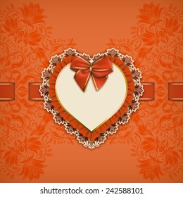 Elegant template luxury invitation, gift card with lace ornament, ruffles, frame, ribbon, bow, place for text. Floral elements, ornate background. Valentine's day design. Vector illustration EPS 10.