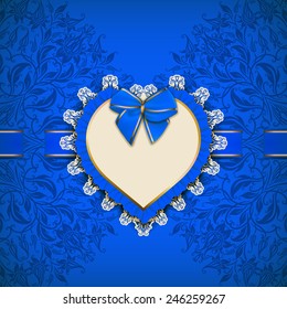 Elegant template luxury invitation, gift card with lace ornament, ruffles, frame, ribbon, bow, place for text. Floral elements, ornate background. Valentine's day design. Vector illustration EPS 10.