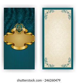 Elegant template for luxury invitation, gift, greeting card with lace ornament, crown, ribbon, laurel wreath, drapery fabric, place for text. Floral elements, ornate background. Illustration EPS 10