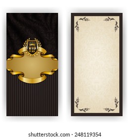 Elegant template for luxury invitation, gift, greeting card with lace ornament, crown, ribbon, laurel wreath, drapery fabric, place for text. Floral elements, ornate background. Illustration EPS 10.
