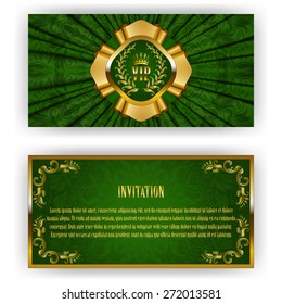 Elegant template for luxury invitation, gift card with lace ornament, crown, ribbon, laurel wreath, drapery fabric, place for text. Floral elements, ornate background. Vector illustration EPS 10.