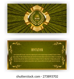 Elegant template for luxury invitation, gift card with lace ornament, crown, ribbon, laurel wreath, drapery fabric, place for text. Floral elements, ornate background. Vector illustration EPS 10.