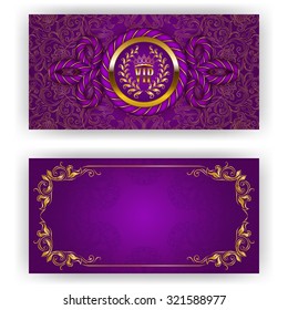 Elegant template for luxury invitation, gift card with rope decor, lace ornament, crown, ribbon, laurel wreath, drapery fabric, place for text. Floral elements, ornate background. Illustration EPS 10.