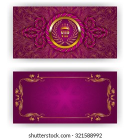 Elegant template for luxury invitation, gift card with rope decor, lace ornament, crown, ribbon, laurel wreath, drapery fabric, place for text. Floral elements, ornate background. Illustration EPS 10.