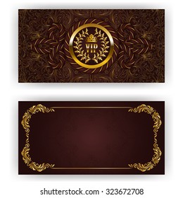 Elegant template for luxury invitation, gift card with rope decor, lace ornament, crown, ribbon, laurel wreath, drapery fabric, place for text. Floral elements, ornate background. Illustration EPS 10.