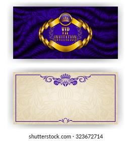 Elegant template for luxury invitation, gift card with lace ornament, crown, ribbon, laurel wreath, drapery fabric, place for text. Floral elements, ornate background. Vector illustration EPS 10.