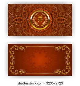 Elegant template for luxury invitation, gift card with rope decor, lace ornament, crown, ribbon, laurel wreath, drapery fabric, place for text. Floral elements, ornate background. Illustration EPS 10.