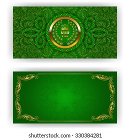 Elegant template for luxury invitation, gift card with rope decor, lace ornament, crown, ribbon, laurel wreath, drapery fabric, place for text. Floral elements, ornate background. Illustration EPS 10.