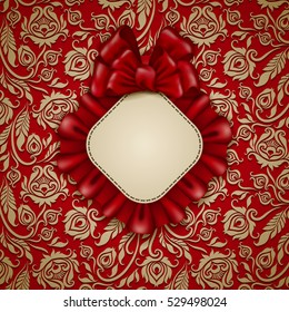 Elegant template for luxury invitation, gift card with lace ornament, ruffles, ribbon, bow, place for text. Floral elements, ornate vintage background. Valentine, mother day design. Illustration EPS10