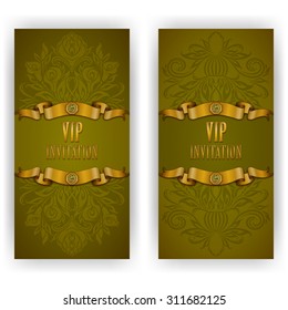 Elegant template luxury invitation, greeting, gift, vip card, voucher with lace ornament, ribbons, place for text. Floral elements, ornate background. Vector illustration EPS 10.