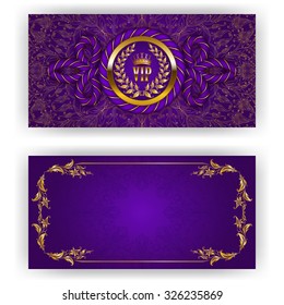 Elegant template for luxury invitation, greeting, gift card with rope decor, golden lace ornament, crown, ribbon, laurel wreath, place for text. Floral elements, ornate background. Illustration EPS 10