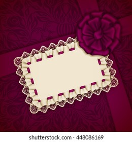 Elegant template for luxury wedding invitation, greeting, gift card with lace frame, filigree ornament, ribbon, silk bow, place for text. Floral elements, ornate background. Vector illustration EPS 10