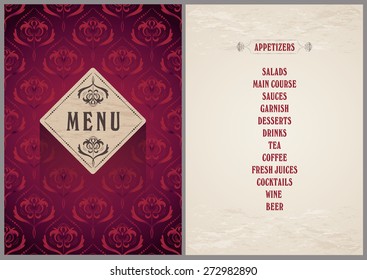 elegant template for the menu - luxury bright wine red color pattern background on the folder and light beige color background for the page