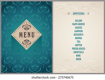 elegant template for the menu - luxury bright turquoise color pattern background on the folder and light beige color background for the page